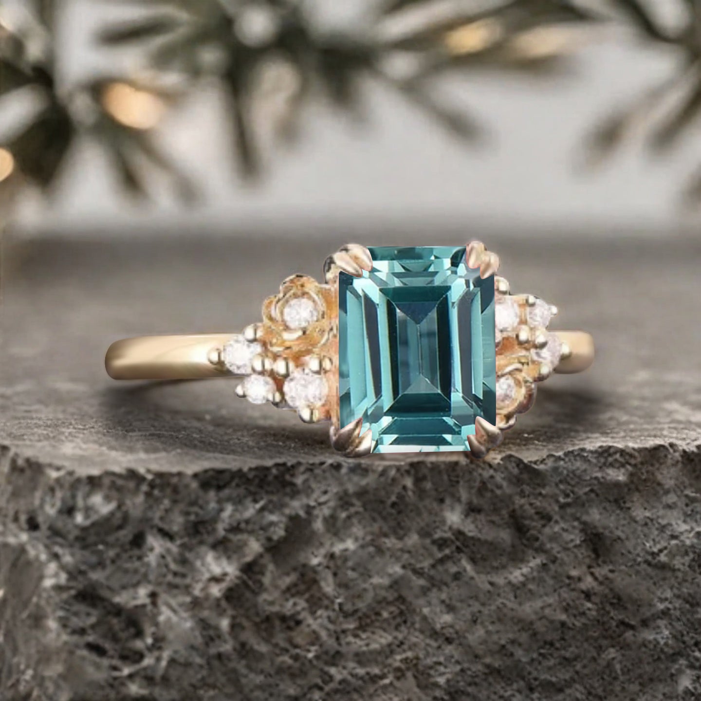 Art Deco Aquamarine Flower Design Gemstone Ring Unique Vintage Emerald Cut Aquamarine Engagement Ring Wedding Promise Ring For Women