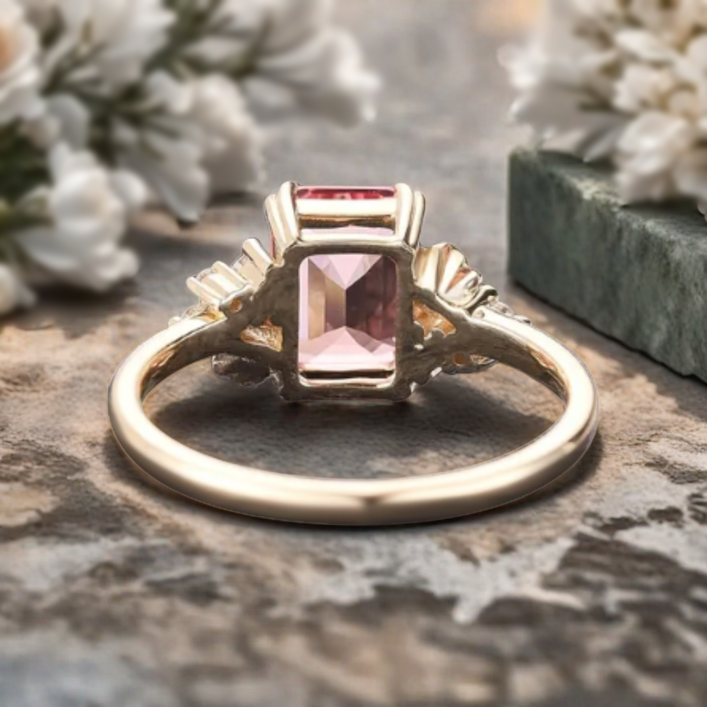 Art Deco Pink Sapphire Flower Design Gemstone Ring Unique Vintage Emerald Cut Pink Sapphire Engagement Ring Wedding Promise Ring For Women