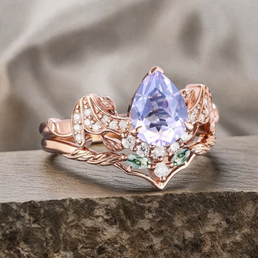Vintage Pear Cut Amethyst Engagement Ring Set Unique Rose Gold Cluster Moss Agate Bridal Ring Set Bat Wing Wedding Ring Set Anniversary Gift