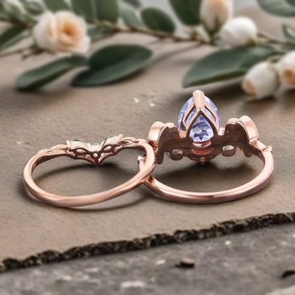 Bague de fiançailles vintage en forme de poire avec aigue-marine, ensemble de bagues de mariage uniques, cadeau d'anniversaire