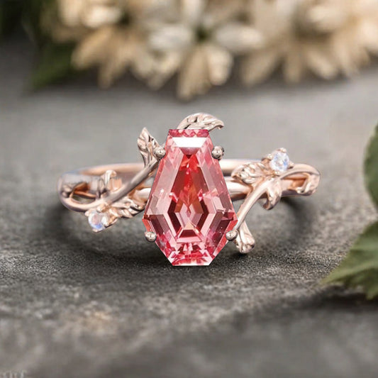Art Deco Pink Sapphire Leaf Design Gemstone Ring Unique Vintage Coffin Cut Pink Sapphire Engagement Ring Wedding Promise Ring For Women