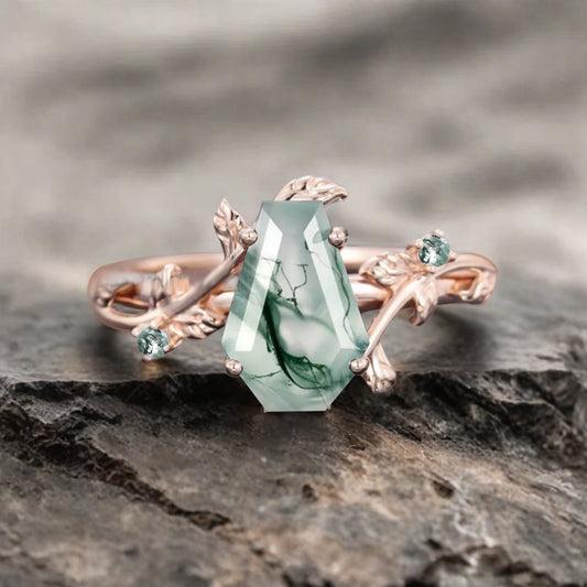 Art Deco Moss Agate Leaf Design Gemstone Ring Unique Vintage Coffin Cut Moss Agate Engagement Ring Wedding Promise Ring For Women
