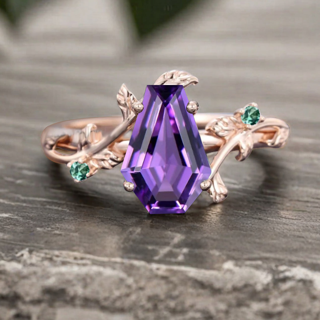 Art Deco Amethyst Leaf Design Gemstone Ring Unique Vintage Coffin Cut Emerald Engagement Ring Wedding Promise Ring For Women