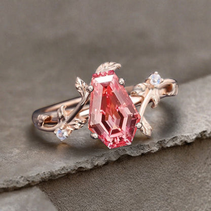 Art Deco Pink Sapphire Leaf Design Gemstone Ring Unique Vintage Coffin Cut Pink Sapphire Engagement Ring Wedding Promise Ring For Women