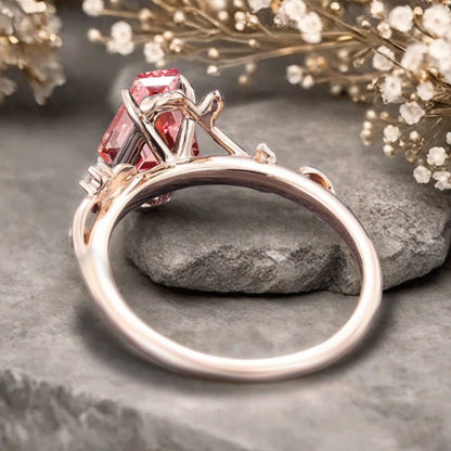 Art Deco Pink Sapphire Leaf Design Gemstone Ring Unique Vintage Coffin Cut Pink Sapphire Engagement Ring Wedding Promise Ring For Women