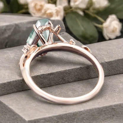 Art Deco Moss Agate Leaf Design Gemstone Ring Unique Vintage Coffin Cut Moss Agate Engagement Ring Wedding Promise Ring For Women