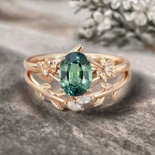 Oval Cut Green Tsavorite Engagement Flower Ring Vintage Tsavorite Rose Gold Art Deco Moissanite Leaf Bridal Anniversary Wedding Ring Set
