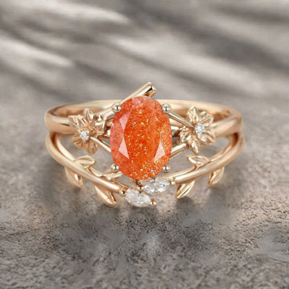 Oval Cut Orange Sunstone Engagement Flower Ring Vintage Sunstone Rose Gold Art Deco Moissanite Leaf Bridal Anniversary Wedding Ring Set