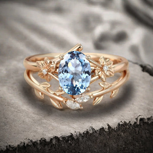 Oval Cut Blue Aquamarine Engagement Flower Ring Vintage Aquamarine Rose Gold Art Deco Moissanite Leaf Bridal Anniversary Wedding Ring Set