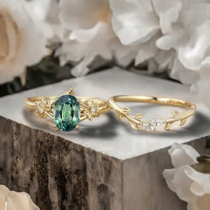 Oval Cut Green Tsavorite Engagement Flower Ring Vintage Tsavorite Rose Gold Art Deco Moissanite Leaf Bridal Anniversary Wedding Ring Set
