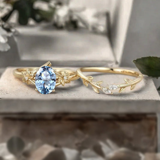 Oval Cut Blue Aquamarine Engagement Flower Ring Vintage Aquamarine Rose Gold Art Deco Moissanite Leaf Bridal Anniversary Wedding Ring Set