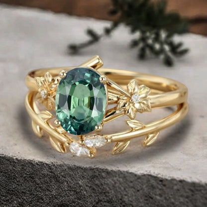 Oval Cut Green Tsavorite Engagement Flower Ring Vintage Tsavorite Rose Gold Art Deco Moissanite Leaf Bridal Anniversary Wedding Ring Set