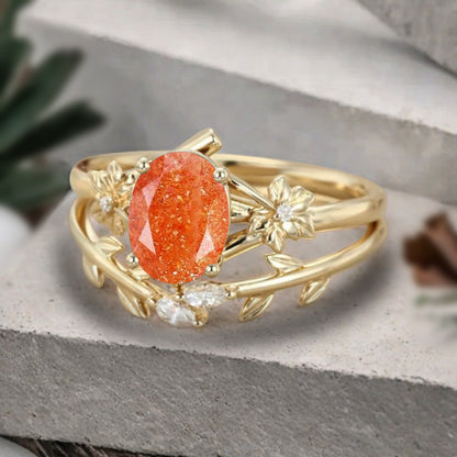 Oval Cut Orange Sunstone Engagement Flower Ring Vintage Sunstone Rose Gold Art Deco Moissanite Leaf Bridal Anniversary Wedding Ring Set