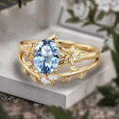 Oval Cut Blue Aquamarine Engagement Flower Ring Vintage Aquamarine Rose Gold Art Deco Moissanite Leaf Bridal Anniversary Wedding Ring Set