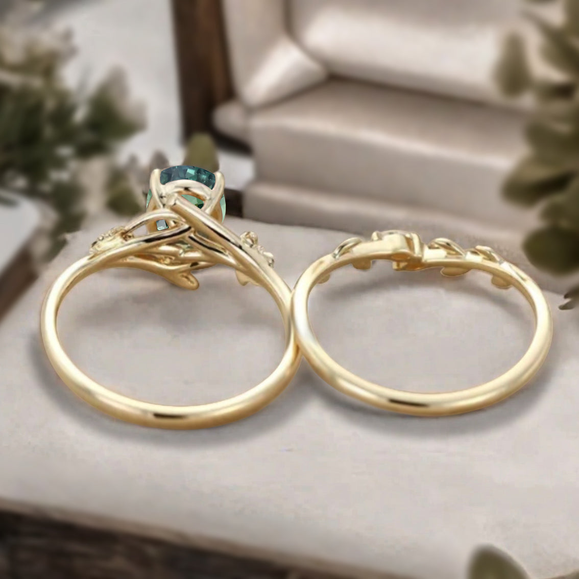 Oval Cut Green Tsavorite Engagement Flower Ring Vintage Tsavorite Rose Gold Art Deco Moissanite Leaf Bridal Anniversary Wedding Ring Set