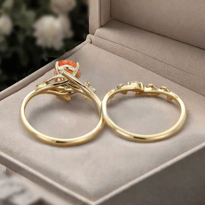 Oval Cut Orange Sunstone Engagement Flower Ring Vintage Sunstone Rose Gold Art Deco Moissanite Leaf Bridal Anniversary Wedding Ring Set