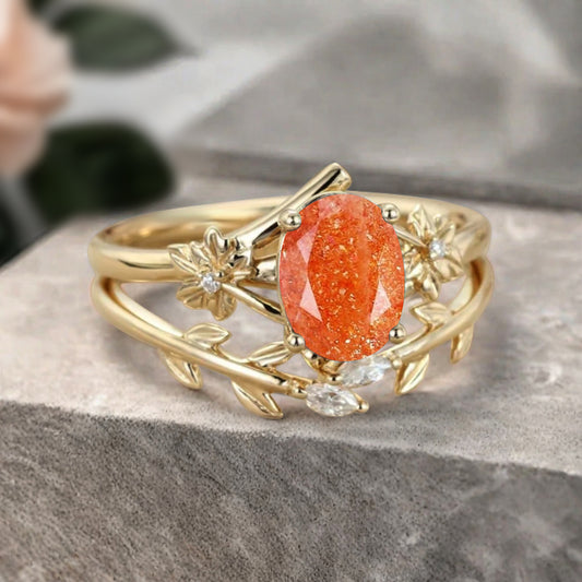 Oval Cut Orange Sunstone Engagement Flower Ring Vintage Sunstone Rose Gold Art Deco Moissanite Leaf Bridal Anniversary Wedding Ring Set