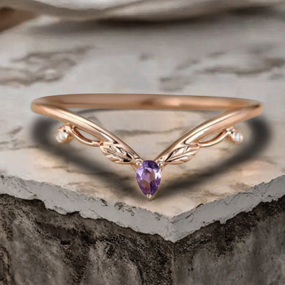 Minimalist Moissanite & Amethyst & Moss Agate Chevron Wedding Band Vintage V Shape Stacking Leaf Ring Unique Matching Ring Promise Delicate Bridal Anniversary Ring