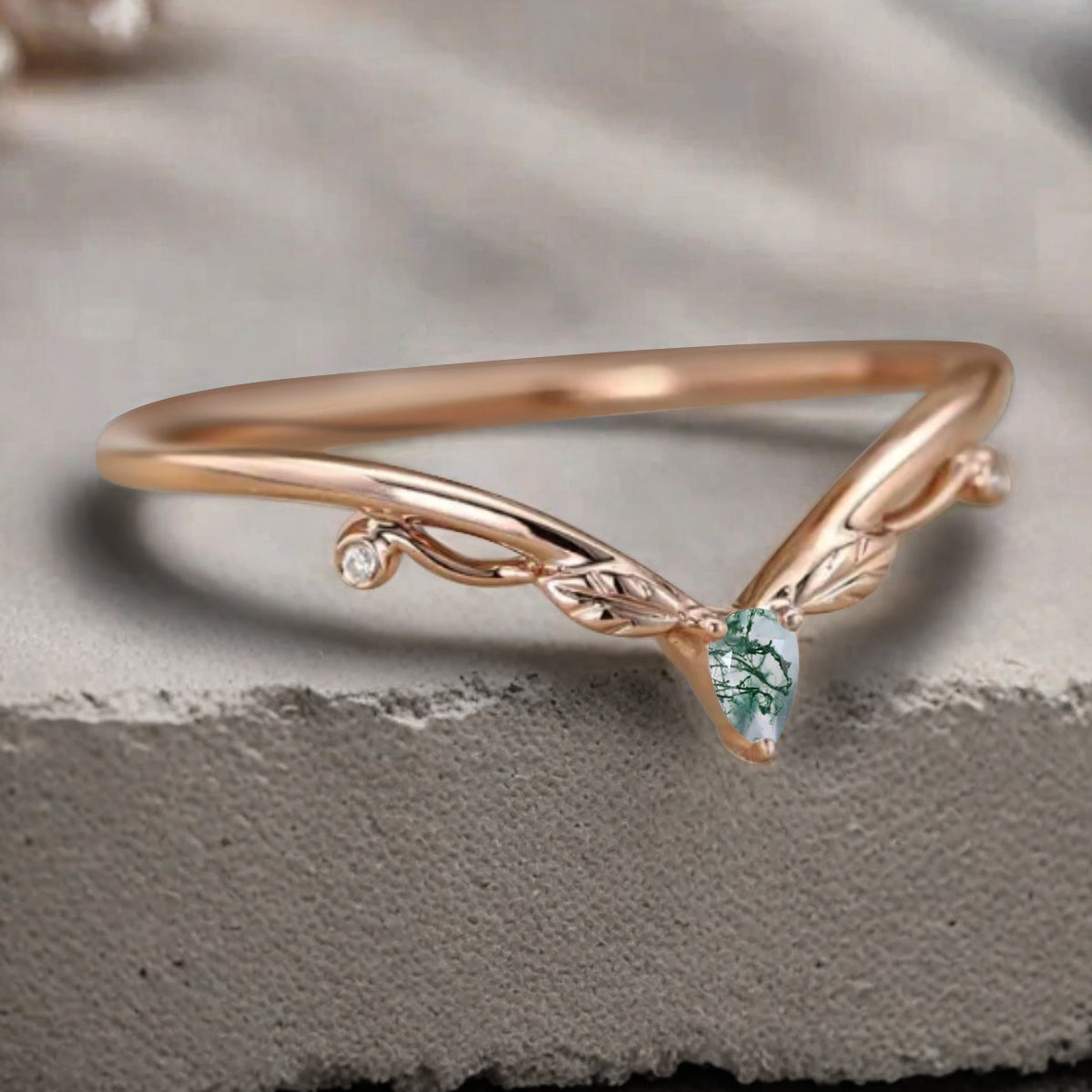 Minimalist Moissanite & Amethyst & Moss Agate Chevron Wedding Band Vintage V Shape Stacking Leaf Ring Unique Matching Ring Promise Delicate Bridal Anniversary Ring