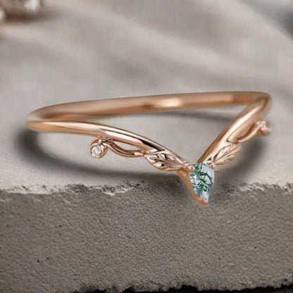Minimalist Moissanite & Amethyst & Moss Agate Chevron Wedding Band Vintage V Shape Stacking Leaf Ring Unique Matching Ring Promise Delicate Bridal Anniversary Ring