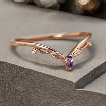 Minimalist Moissanite & Amethyst & Moss Agate Chevron Wedding Band Vintage V Shape Stacking Leaf Ring Unique Matching Ring Promise Delicate Bridal Anniversary Ring