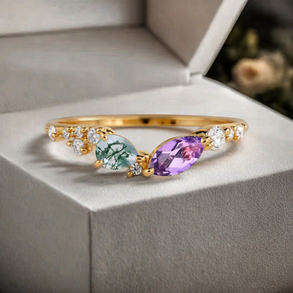 Minimalist Moss Agate & Amethyst Chevron Wedding Band Vintage V Shape Stacking Ring Unique Matching Ring Promise Delicate Bridal Anniversary Gift Ring