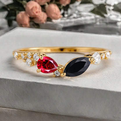 Minimalist Ruby & Black Onyx Chevron Wedding Band Vintage V Shape Stacking Ring Unique Matching Ring Promise Delicate Bridal Anniversary Gift Ring