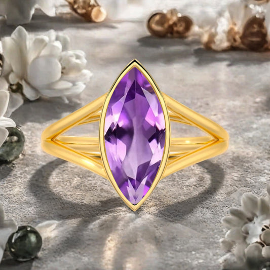 Marquise cut Amethyst wedding ring Unique 14k Rose gold wedding ring Anniversary ring