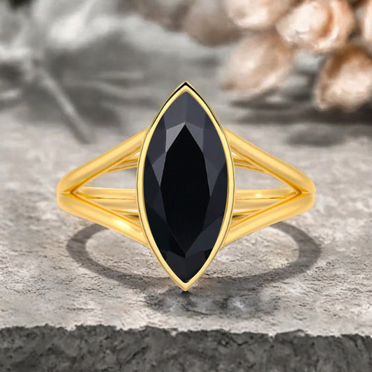Marquise cut Black Onyx wedding ring Unique 14k Rose gold wedding ring Anniversary ring