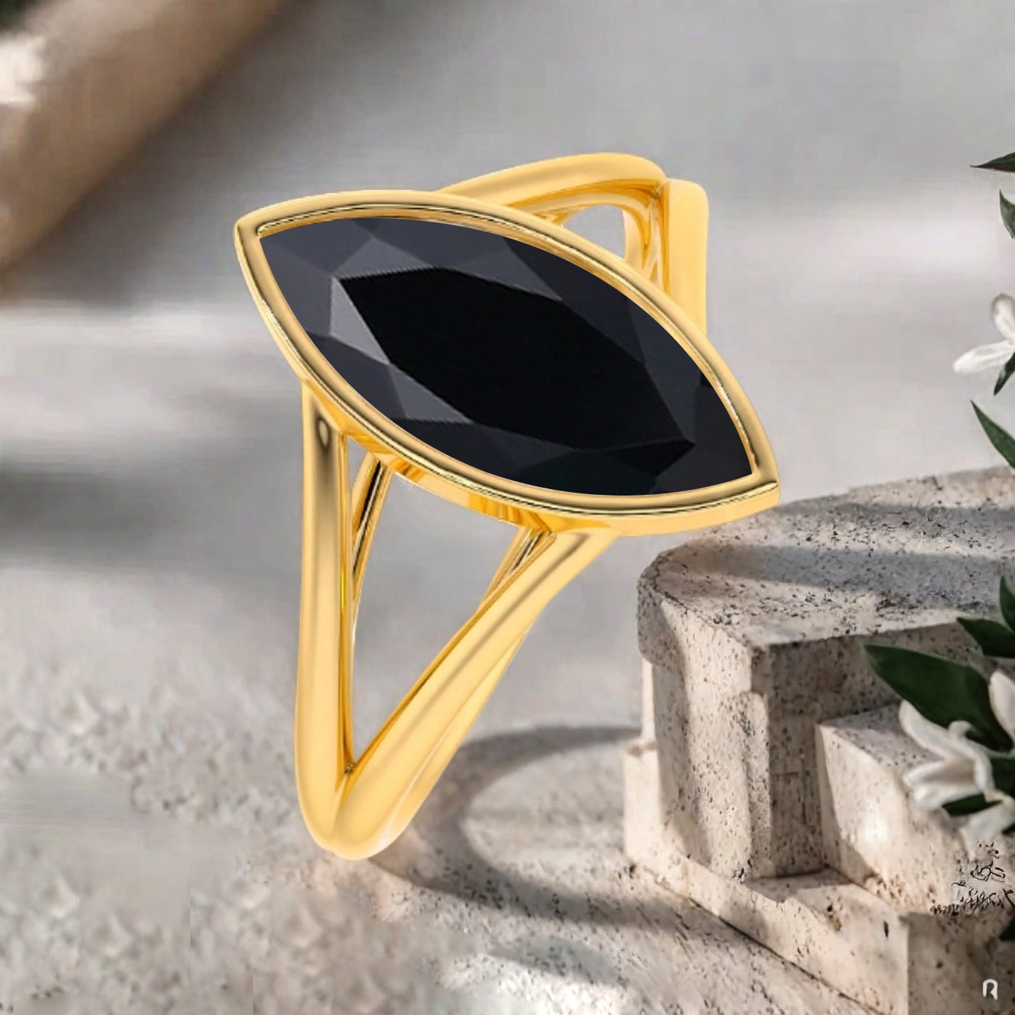 Marquise cut Black Onyx wedding ring Unique 14k Rose gold wedding ring Anniversary ring