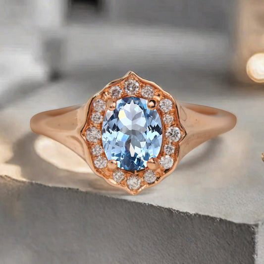 Vintage Aquamarine Ring Solid Gold Oval Cut Aquamarine Engagement Halo Ring Unique Moissanite Promise Ring Anniversary Gift Ring For Women