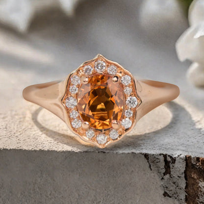 Vintage Citrine Ring Solid Gold Oval Cut Citrine Engagement Halo Ring Unique Moissanite Promise Ring Anniversary Gift Ring For Women