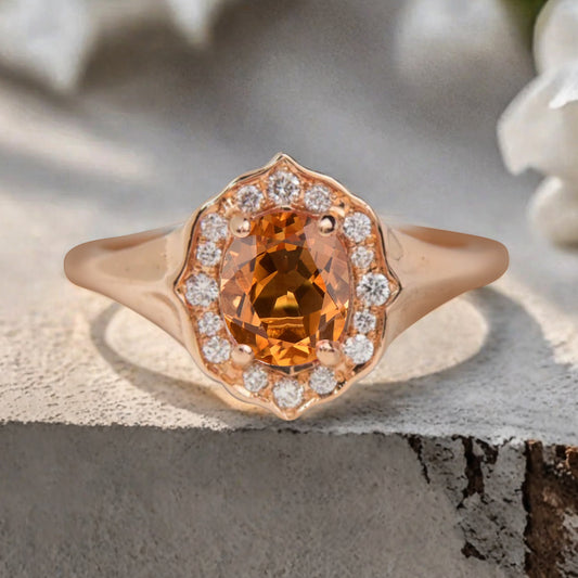 Vintage Citrine Ring Solid Gold Oval Cut Citrine Engagement Halo Ring Unique Moissanite Promise Ring Anniversary Gift Ring For Women