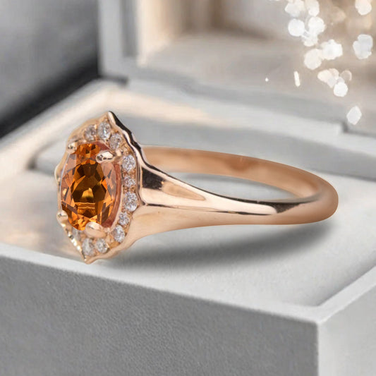 Vintage Citrine Ring Solid Gold Oval Cut Citrine Engagement Halo Ring Unique Moissanite Promise Ring Anniversary Gift Ring For Women