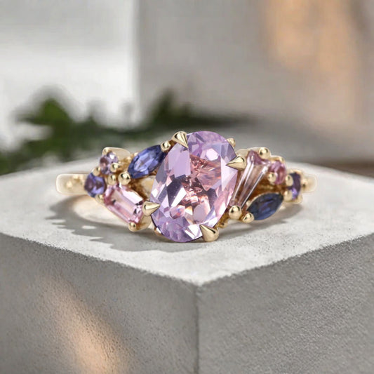 Oval Cut Lavender Amethyst Engagement Ring Vintage Rose Gold Cluster Amethyst Pink Sapphire Bridal Wedding Ring Set Unique Gift For Her
