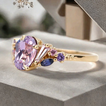 Oval Cut Lavender Amethyst Engagement Ring Vintage Rose Gold Cluster Amethyst Pink Sapphire Bridal Wedding Ring Set Unique Gift For Her