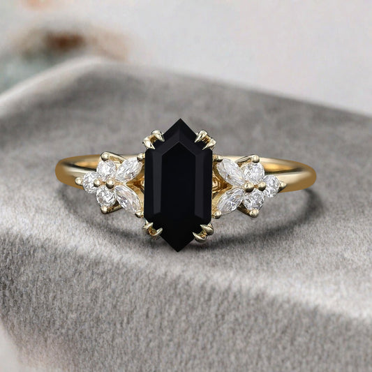 Vintage Hexagon Cut Black Onyx Gemstone Engagement Ring Moissanite Side Stone Wedding Promise Ring