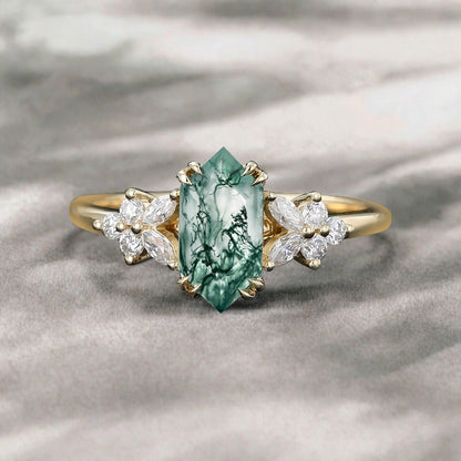 Vintage Hexagon Cut Moss Agate Gemstone Engagement Ring Moissanite Side Stone Wedding Promise Ring