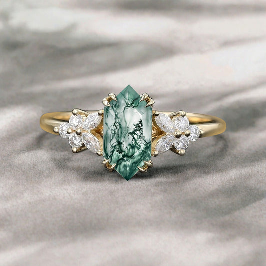 Vintage Hexagon Cut Moss Agate Gemstone Engagement Ring Moissanite Side Stone Wedding Promise Ring