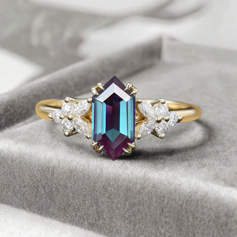 Bague de fiançailles vintage en saphir bleu-vert taille hexagonale Bague de promesse de mariage en saphir bleu-vert