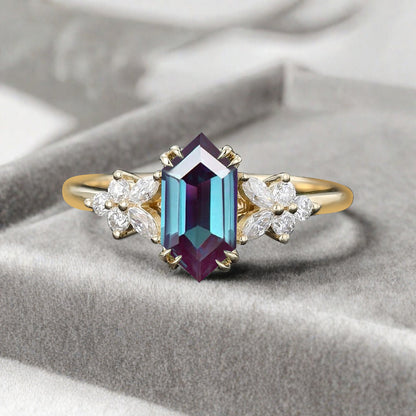 Bague de fiançailles vintage en saphir bleu-vert taille hexagonale Bague de promesse de mariage en saphir bleu-vert