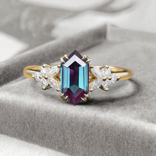 Vintage Hexagon Cut Alexandrite Gemstone Engagement Ring Moissanite Side Stone Wedding Promise Ring