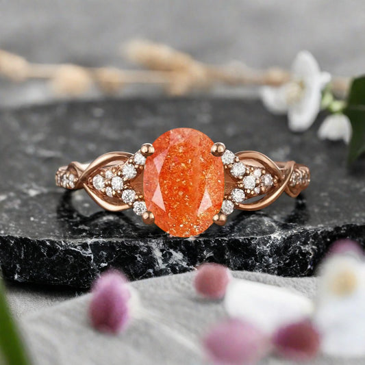Oval Cut Sunstone Engagement Ring Unique Sunstone Moissanite Wedding Ring Gift For Her