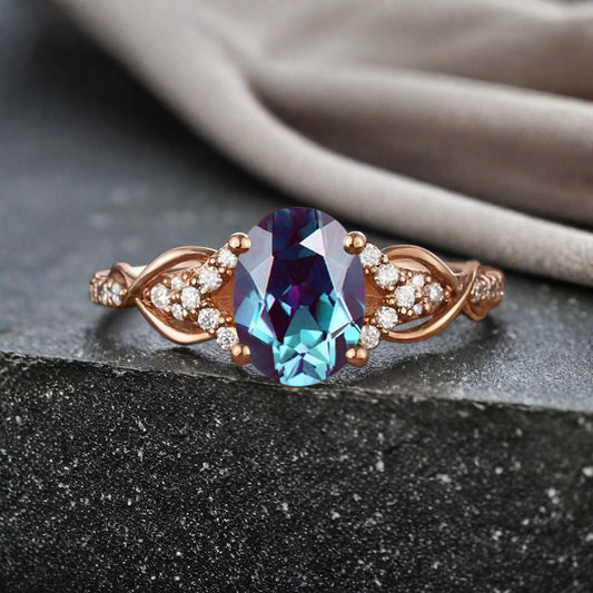 Oval Cut Alexandrite Engagement Ring Unique Alexandrite Moissanite Wedding Ring Gift For Her