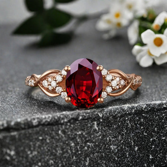 Oval Cut Ruby Engagement Ring Unique Ruby Moissanite Wedding Ring Gift For Her
