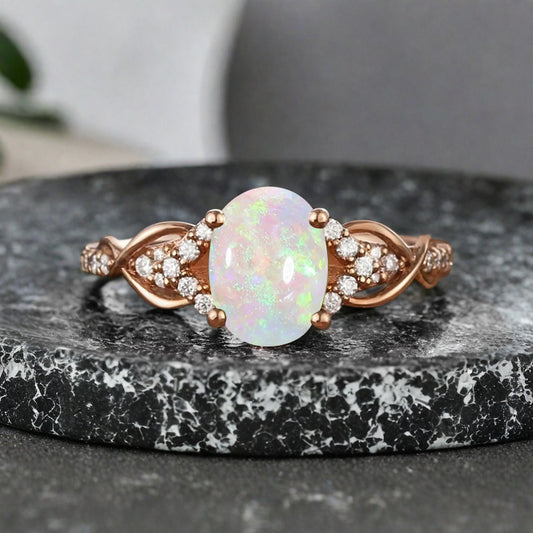 Oval Cut Opal Engagement Ring Unique Opal Moissanite Wedding Ring Gift For Her