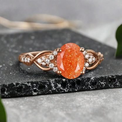 Oval Cut Sunstone Engagement Ring Unique Sunstone Moissanite Wedding Ring Gift For Her