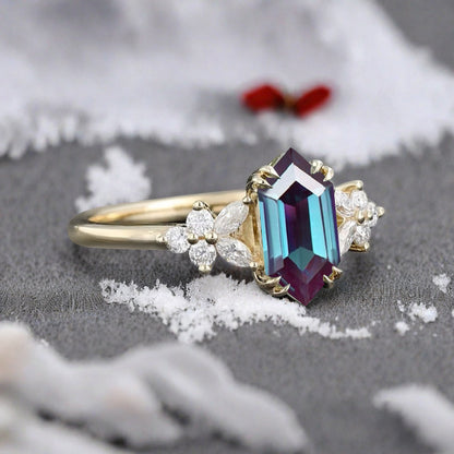 Bague de fiançailles vintage en saphir bleu-vert taille hexagonale Bague de promesse de mariage en saphir bleu-vert