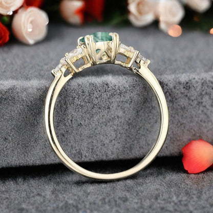 Vintage Hexagon Cut Moss Agate Gemstone Engagement Ring Moissanite Side Stone Wedding Promise Ring