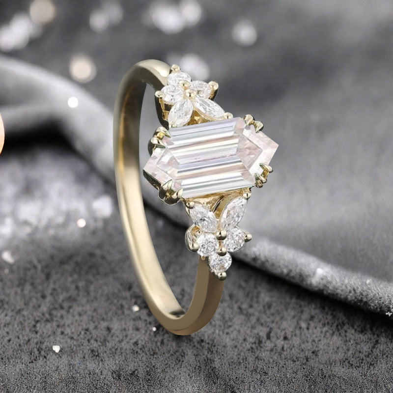 Vintage Hexagon Cut Moissanite Gemstone Engagement Ring Moissanite Side Stone Wedding Promise Ring